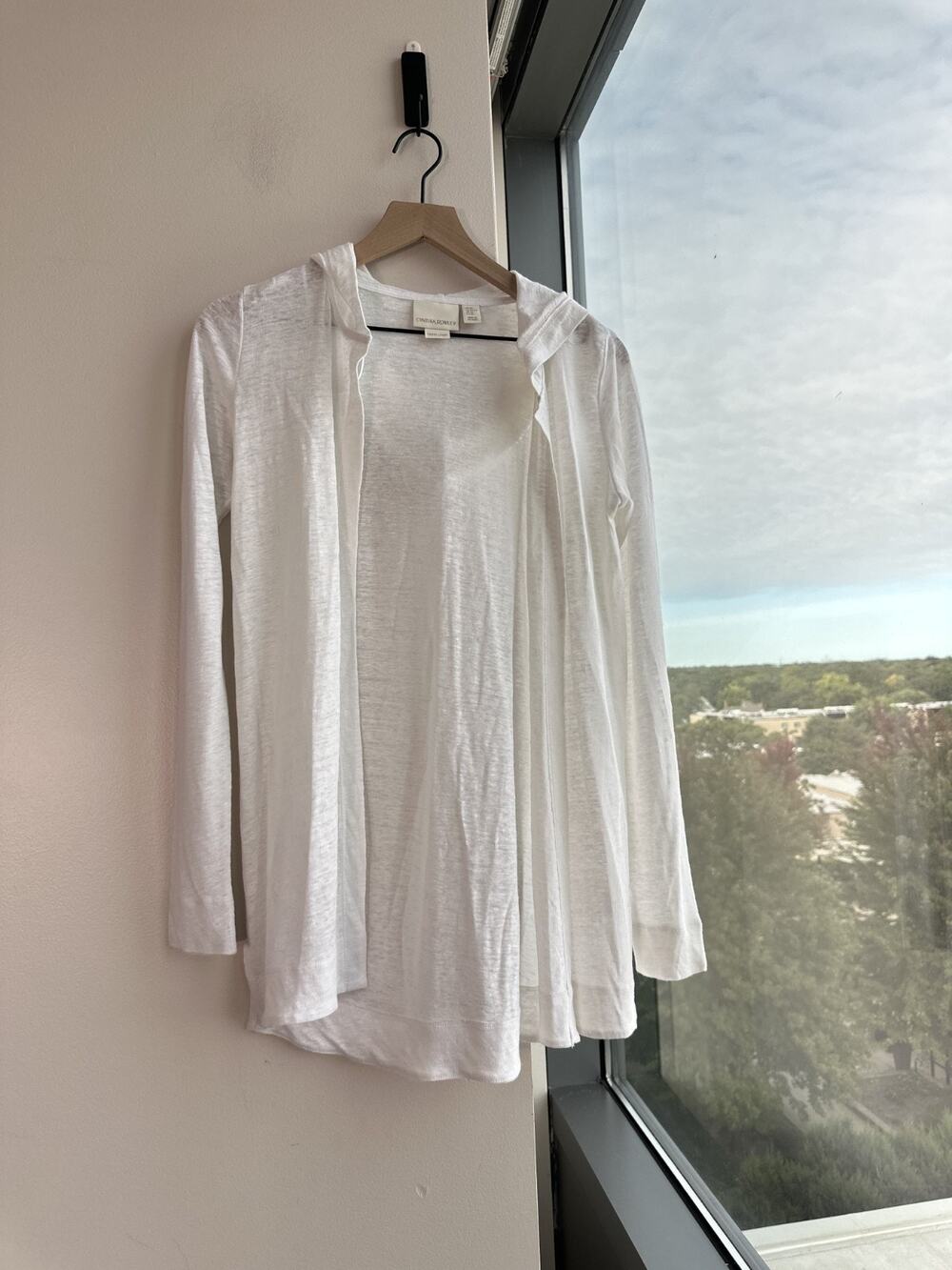 Cynthia Rowley White Lightweight 100% Linen Open Front Hooded Cardigan Sz XS